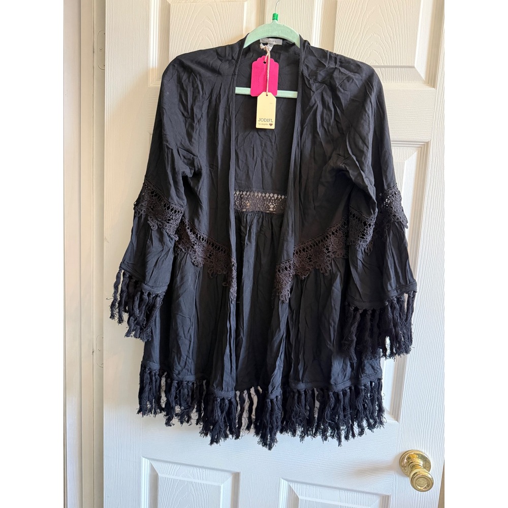 Jodifl Black Boho Fringe Crochet Lace Rayon Kimono Cardigan J2071 Womens Large